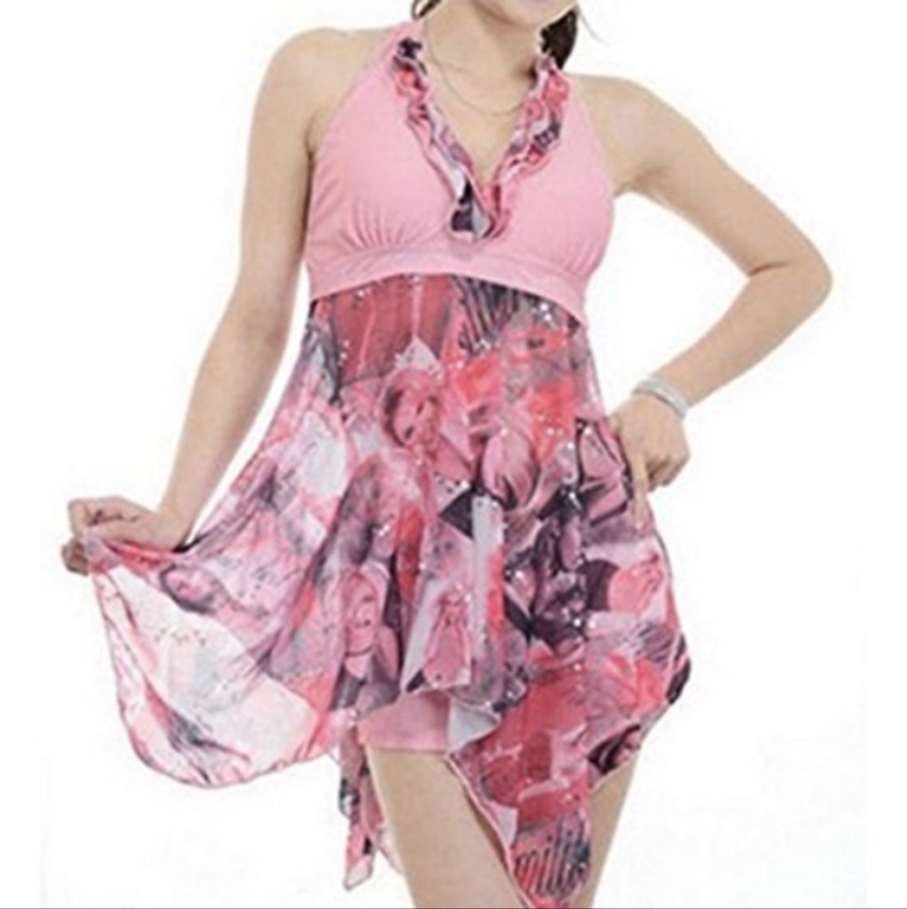Y2K Tankini Swimwear 90s Pop Princess Print Sequin Asymmetrical Halter Swimdress